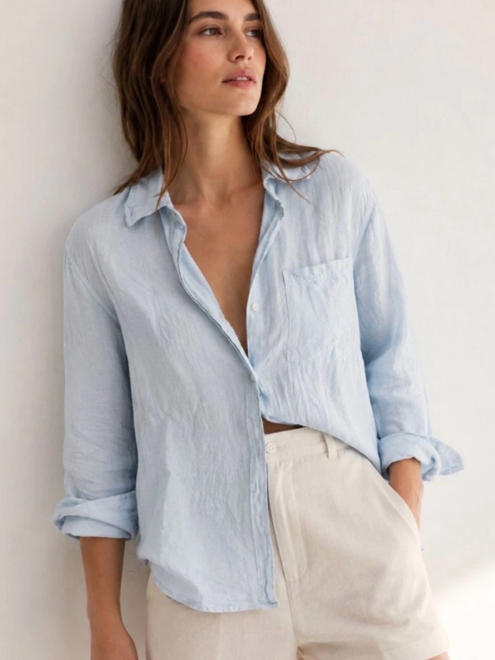 H&M Light Blue Linen-Blend Button Down Shirt